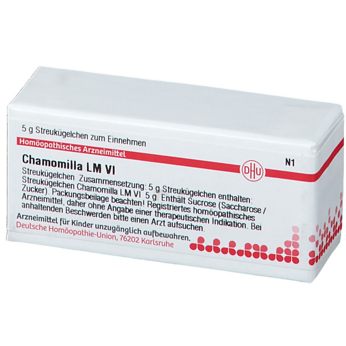 Weiße Arzneimittelverpackung mit roter Schrift und DHU-Logo. Text: Chamomilla LM VI, 5 g Streukügelchen. N1.