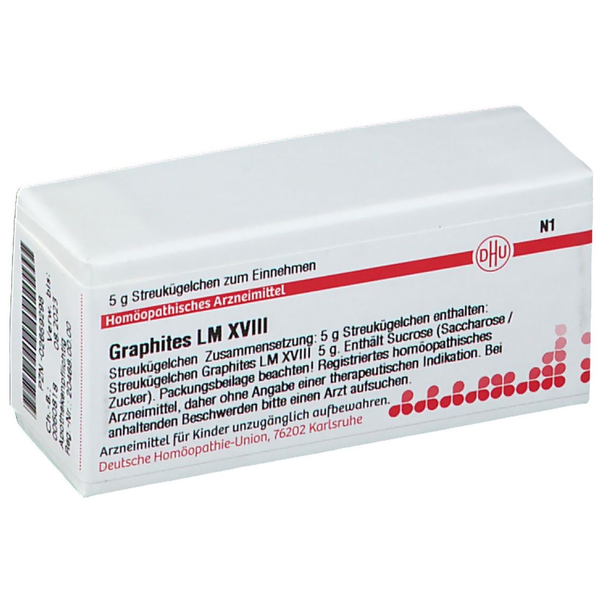 Weiße Schachtel mit roter Schrift und DHU-Logo. Enthält Graphites LM XVIII. Aufschrift: 5 g Streukügelchen.
