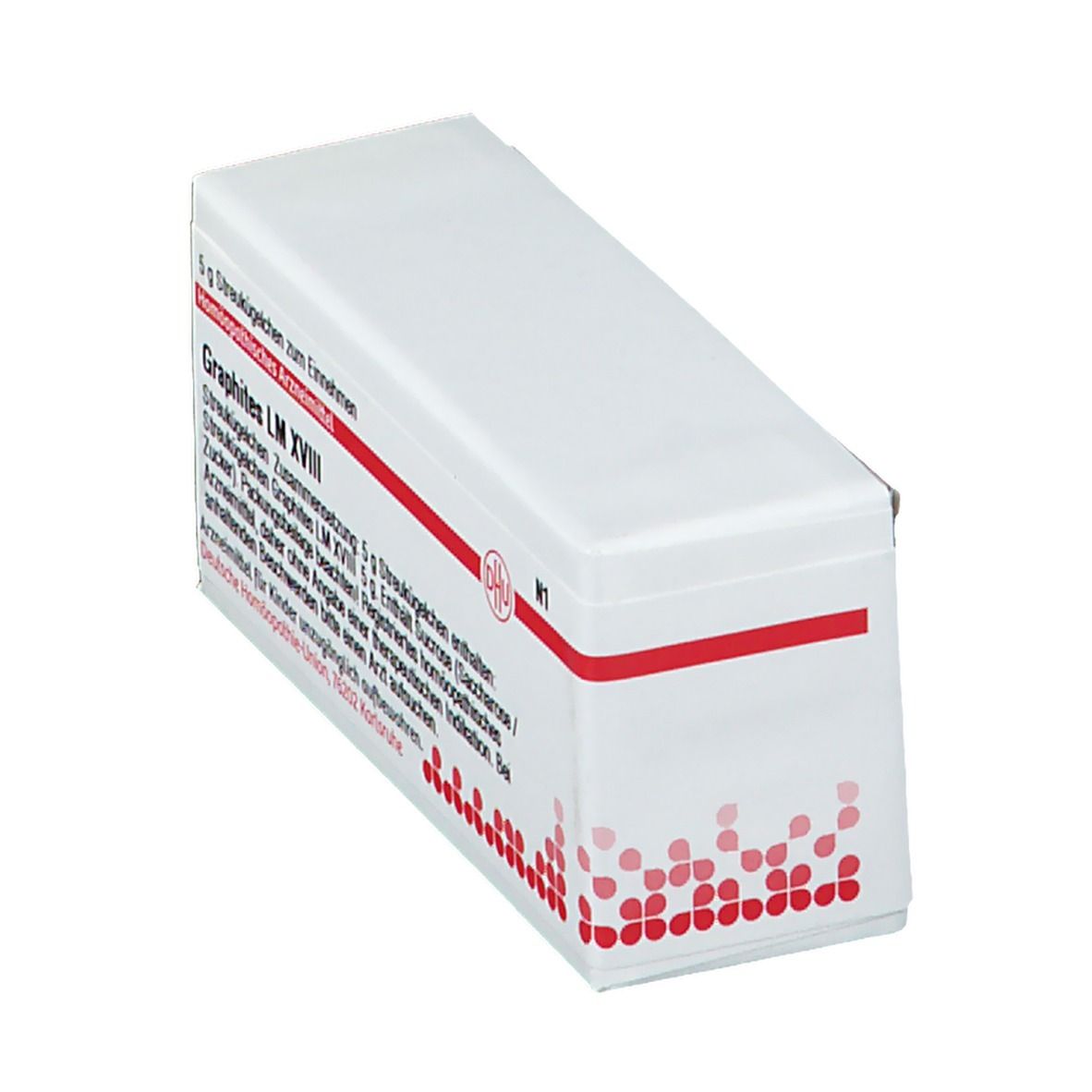 Weiße Schachtel mit roter Schrift und DHU-Logo. Enthält Graphites LM XVIII. Roter Streifen und Punkte.