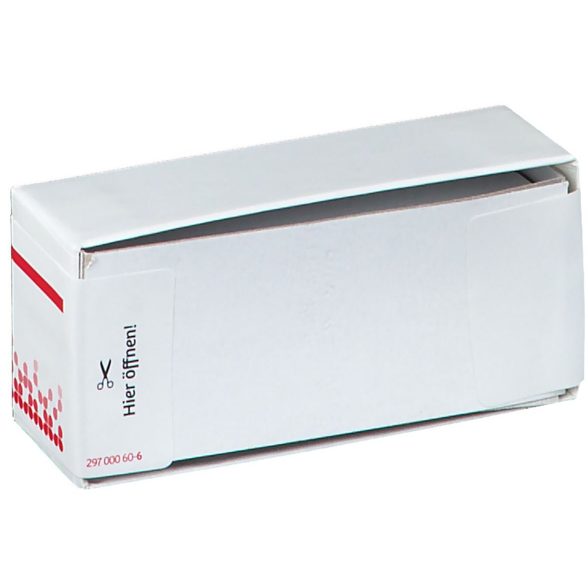 Geöffnete weiße Schachtel mit roter Schrift. Enthält Graphites LM XVIII. Aufschrift: Hier öffnen!