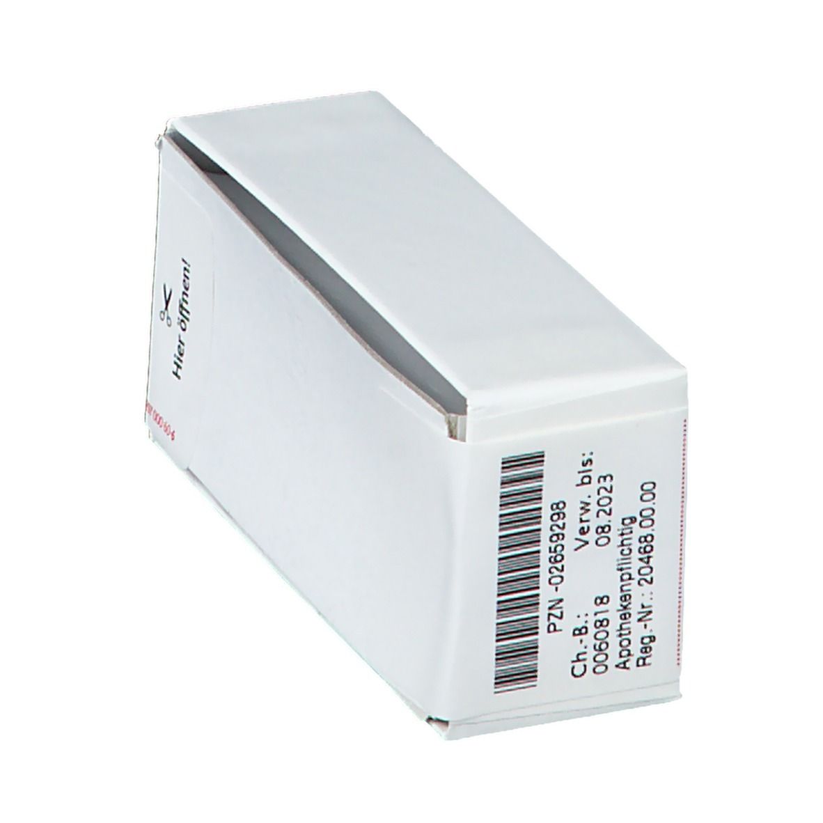 Geöffnete weiße Schachtel mit Barcode und Verfallsdatum. Enthält Graphites LM XVIII. PZN-Nummer.