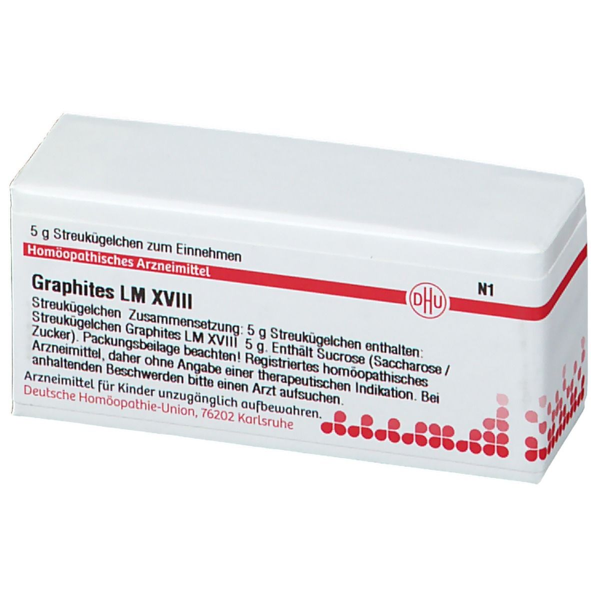 Weiße Schachtel mit roter Schrift und DHU-Logo. Enthält Graphites LM XVIII. Aufschrift: 5 g Streukügelchen.