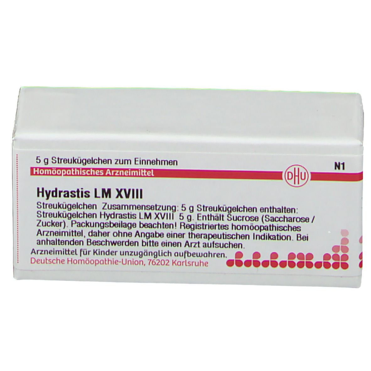 Weiße Schachtel mit roter Schrift und DHU-Logo. Text: Hydrastis LM XVIII, 5 g Streukügelchen. Homöopathisches Arzneimittel.