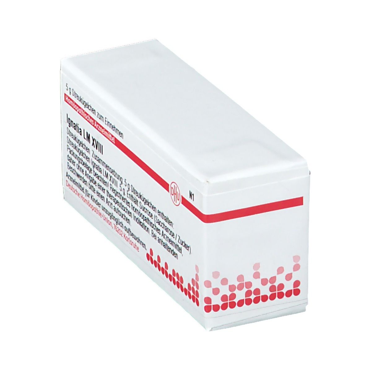 Weiße rechteckige Schachtel mit roter Schrift und DHU-Logo. Beschriftung: Ignatia LM XVIII, 5 g Streukügelchen. Apothekenpflichtig.