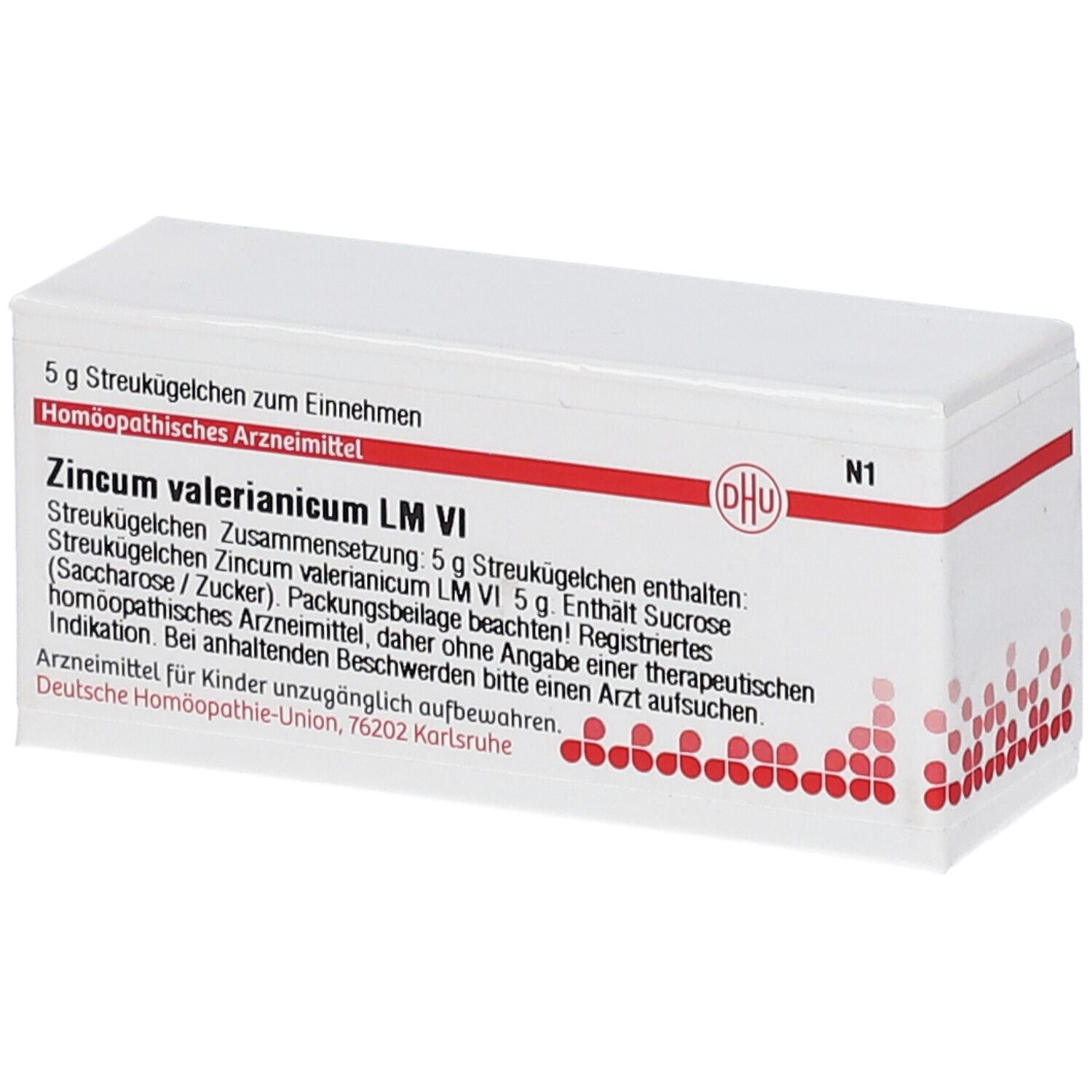 Weiße Schachtel mit roter und weißer Beschriftung. Aufschrift: Zincum valerianicum LM VI, DHU Logo, 5 g Streukügelchen.