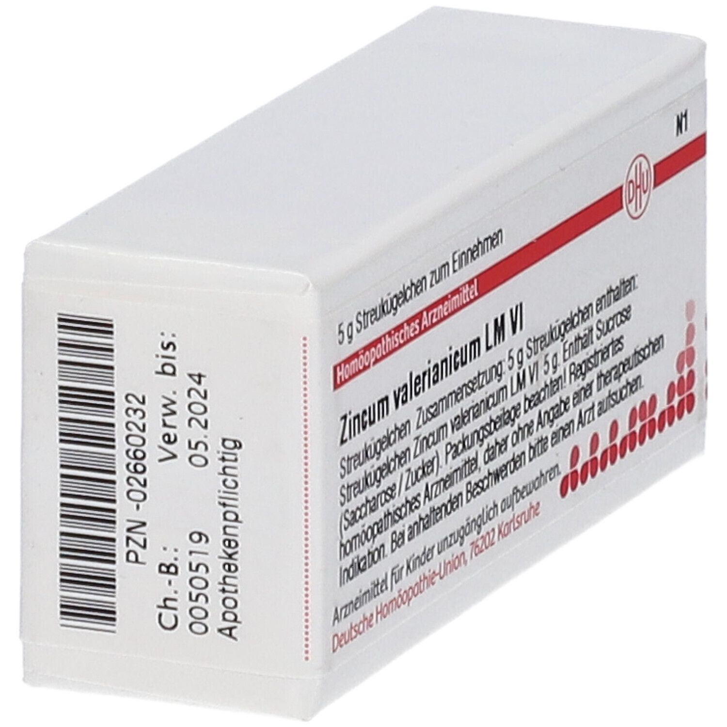 Weiße Schachtel mit roter und weißer Beschriftung. Aufschrift: Zincum valerianicum LM VI, DHU Logo, 5 g Streukügelchen. Barcode.