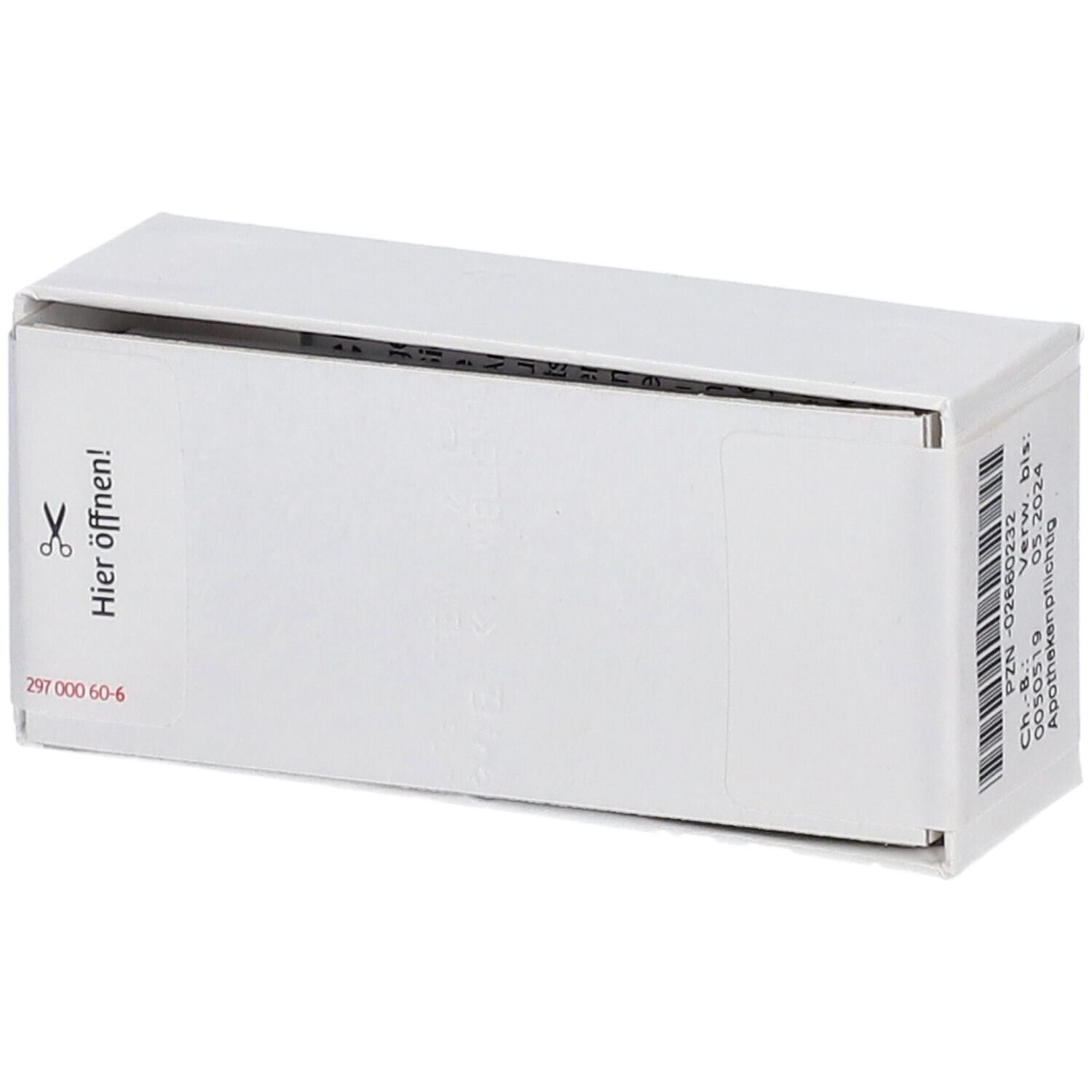 Weiße Schachtel mit roter und weißer Beschriftung. Aufschrift: Zincum valerianicum LM VI. Aufdruck: Hier öffnen!