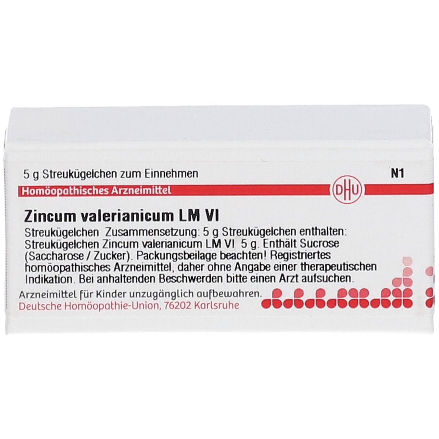 Weiße Schachtel mit roter und weißer Beschriftung. Aufschrift: Zincum valerianicum LM VI, DHU Logo, 5 g Streukügelchen.