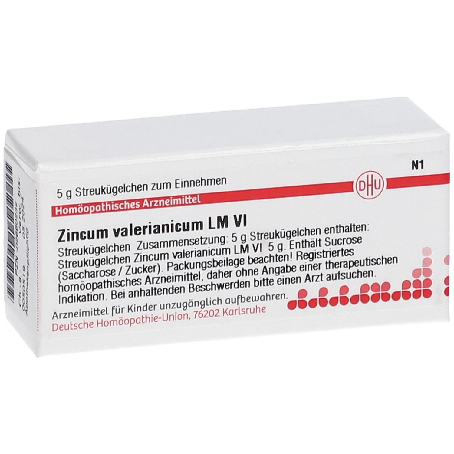 Weiße Schachtel mit roter und weißer Beschriftung. Aufschrift: Zincum valerianicum LM VI, DHU Logo, 5 g Streukügelchen.