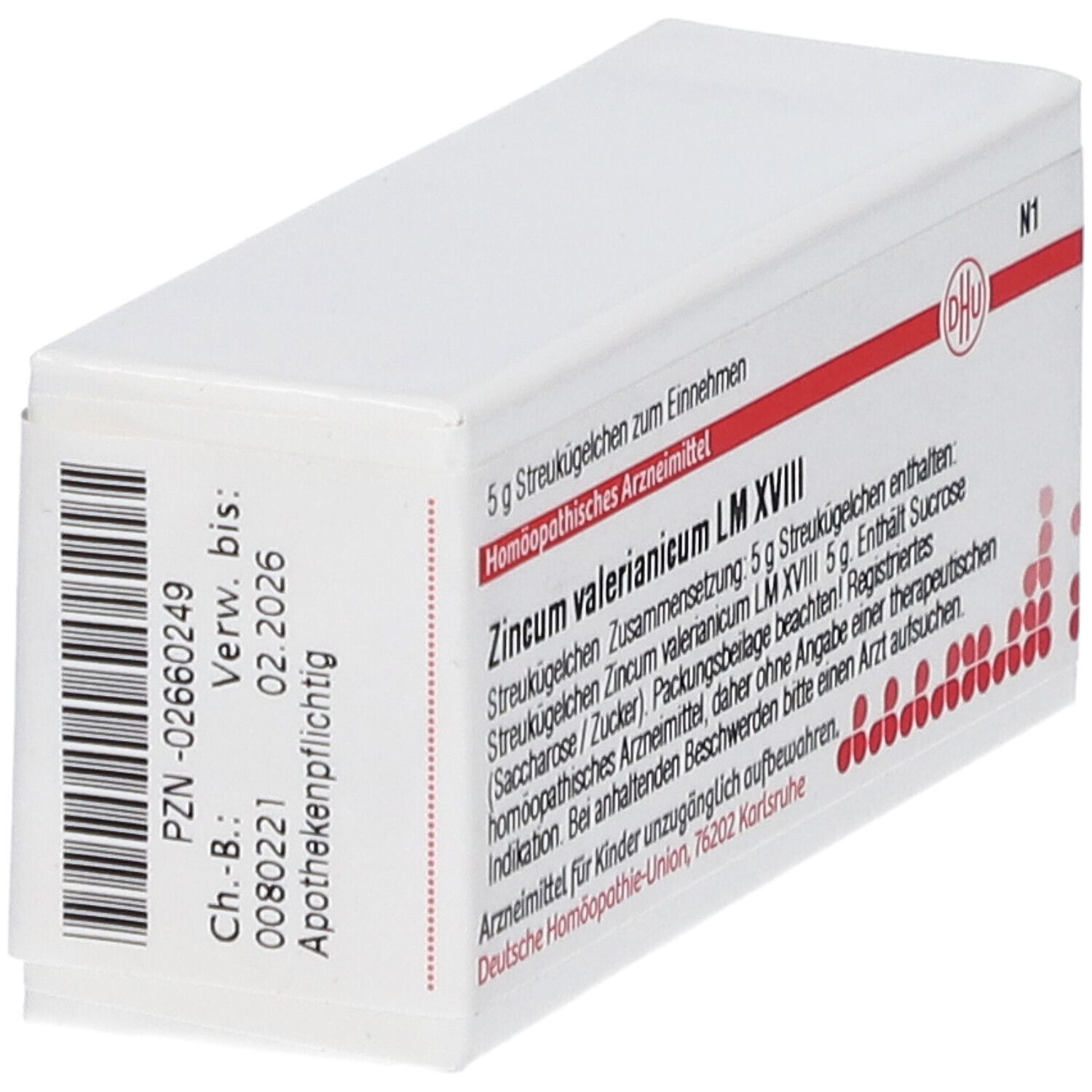 Weiße Schachtel mit Barcode und Text. Text: Zincum valerianicum LM XVIII, Verwendbar bis 02.2026. Apothekenpflichtig.