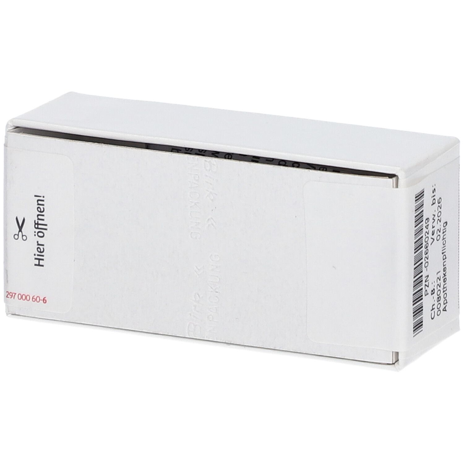 Weiße Schachtel mit Aufdruck 'Hier öffnen!'. Text: Verwendbar bis 02.2026. Apothekenpflichtig.