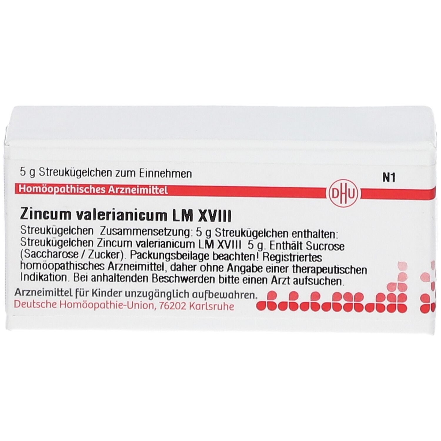 Weiße Schachtel mit roter Schrift und DHU-Logo. Text: Zincum valerianicum LM XVIII, 5 g Streukügelchen. Apothekenpflichtig.