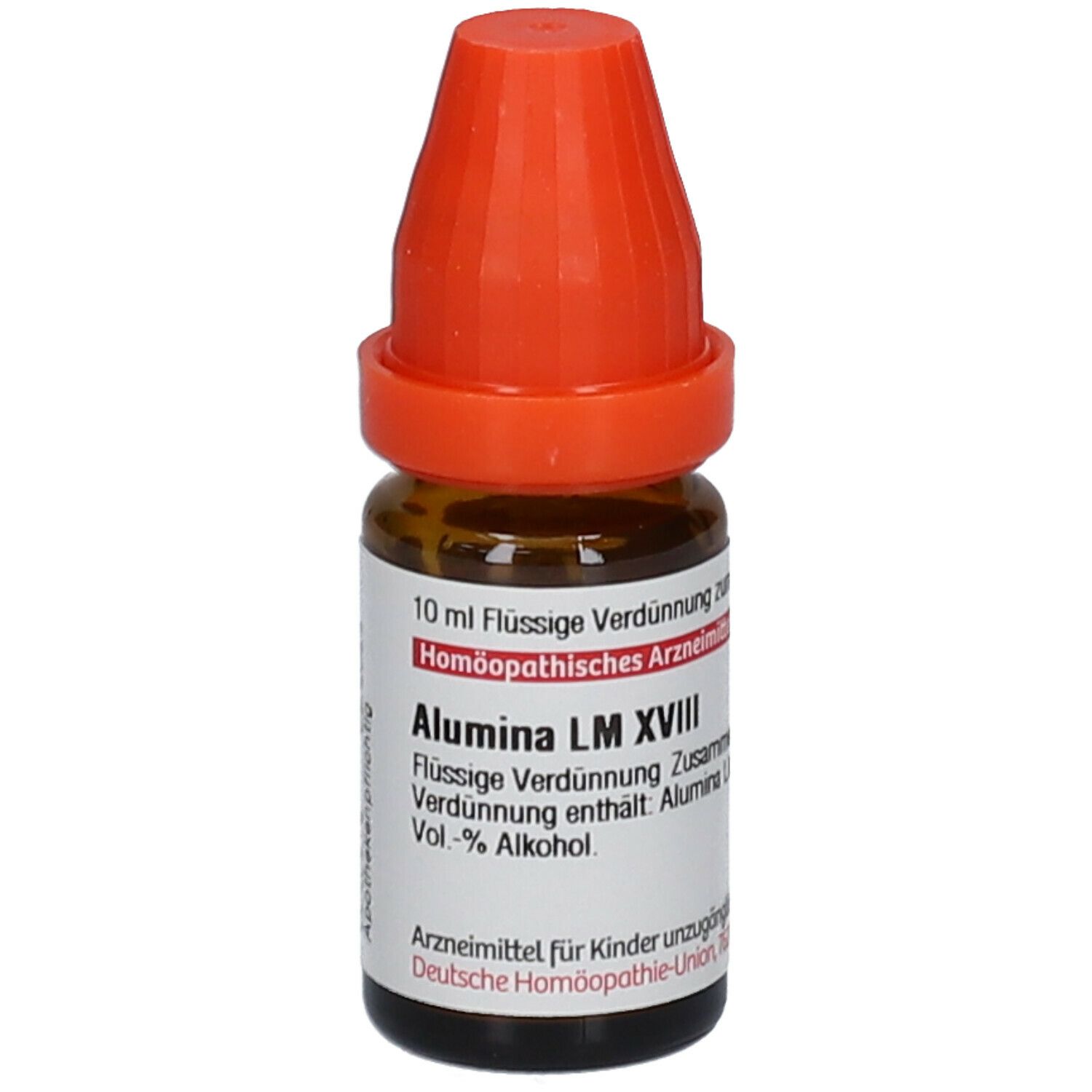 Braune Glasflasche mit orangefarbenem Verschluss. Beschriftung: Alumina LM XVIII, 10 ml Flüssige Verdünnung.