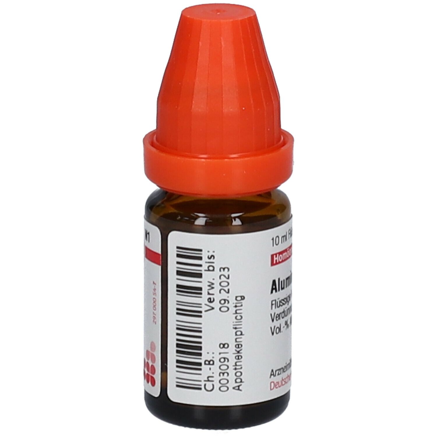 Braune Glasflasche mit orangefarbenem Verschluss. Beschriftung: Alumina LM XVIII, 10 ml Flüssige Verdünnung. Verfallsdatum 09.2023.