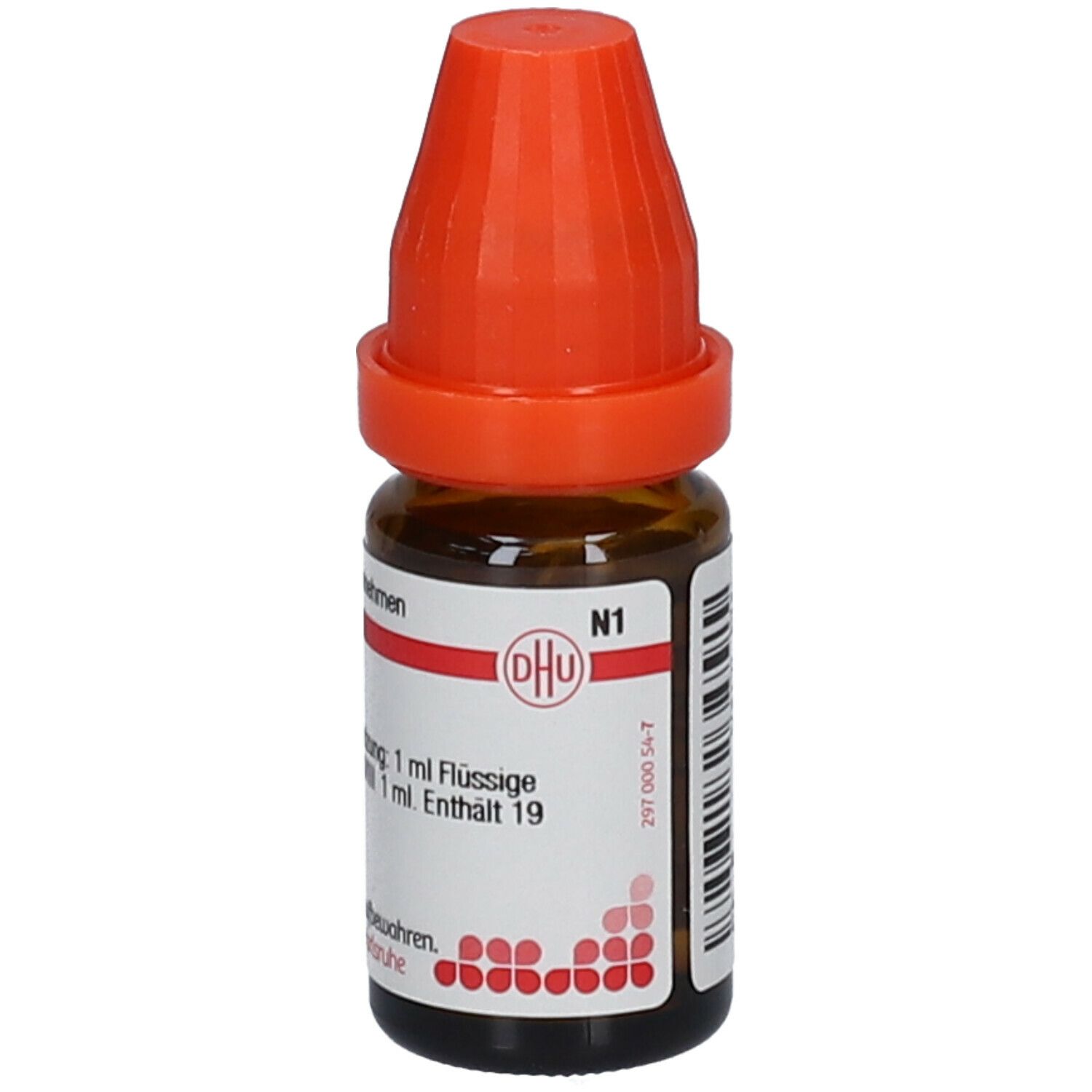 Braune Glasflasche mit orangefarbenem Verschluss. Beschriftung: DHU, 1 ml Flüssige Verdünnung. Enthält Alumina LM XVIII.