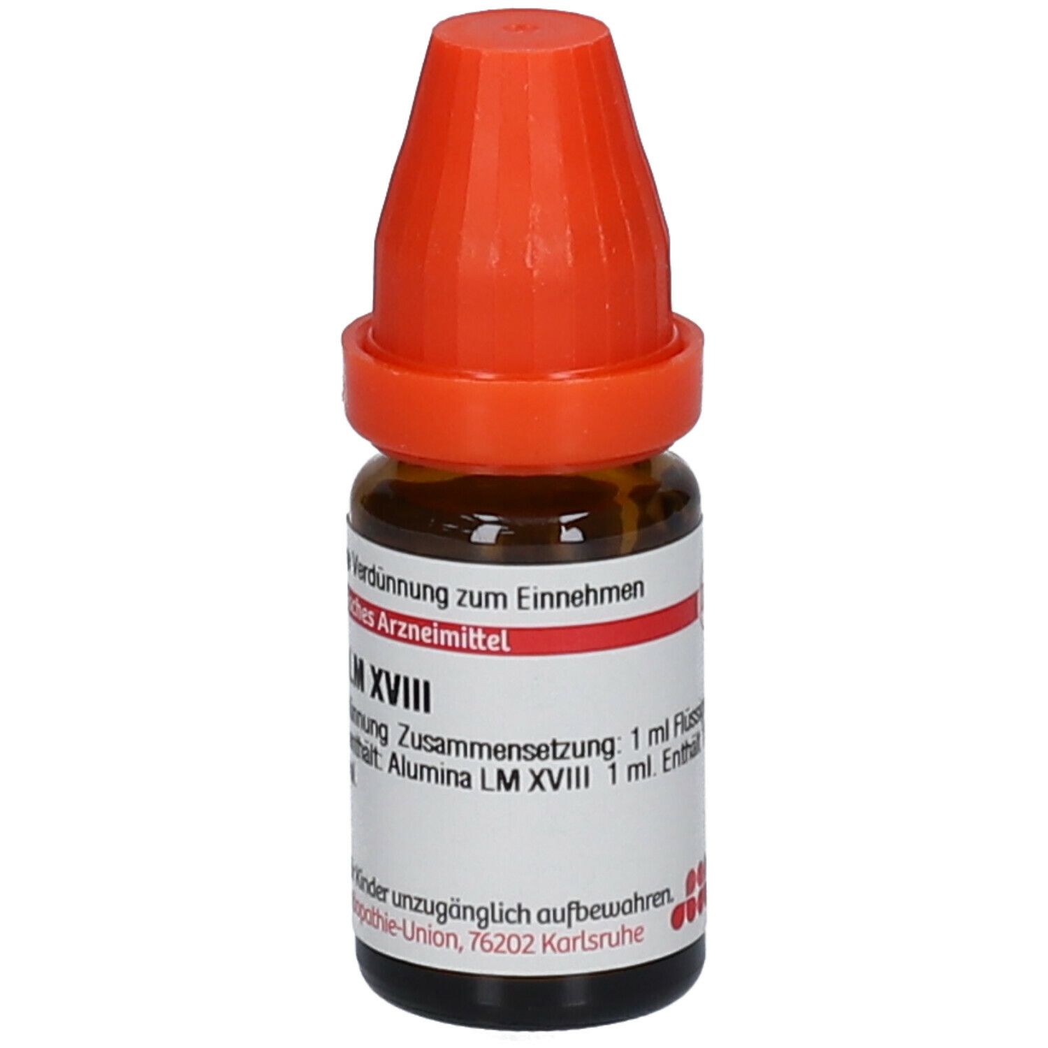 Braune Glasflasche mit orangefarbenem Verschluss. Beschriftung: Alumina LM XVIII, 1 ml Flüssige Verdünnung. Apothekenpflichtig.