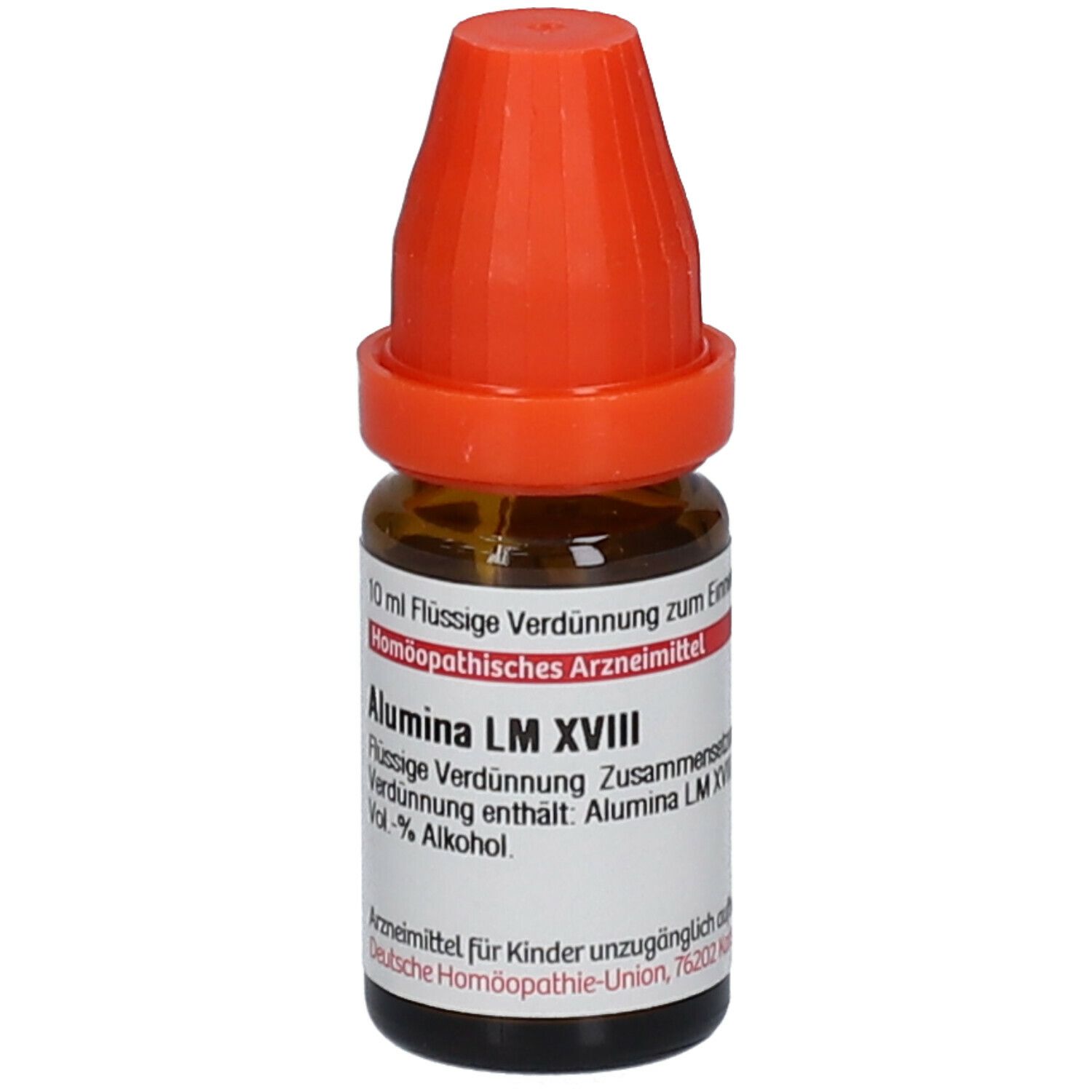 Braune Glasflasche mit orangefarbenem Verschluss. Beschriftung: Alumina LM XVIII, 10 ml Flüssige Verdünnung. Homöopathisches Arzneimittel.