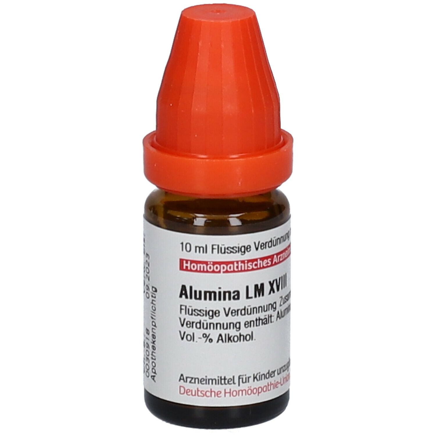 Braune Glasflasche mit orangefarbenem Verschluss. Beschriftung: Alumina LM XVIII, 10 ml Flüssige Verdünnung. Apothekenpflichtig.