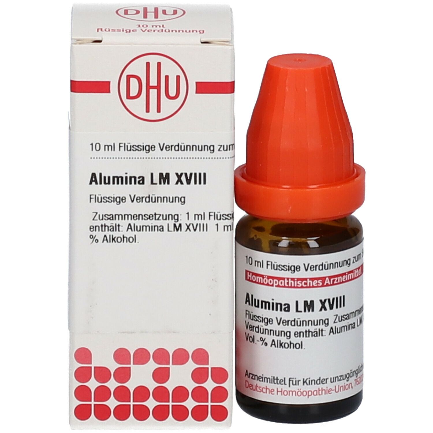 Produktverpackung und Flasche. Verpackung: weiß, DHU-Logo. Flasche: braun, orangefarbener Verschluss. Beschriftung: Alumina LM XVIII.