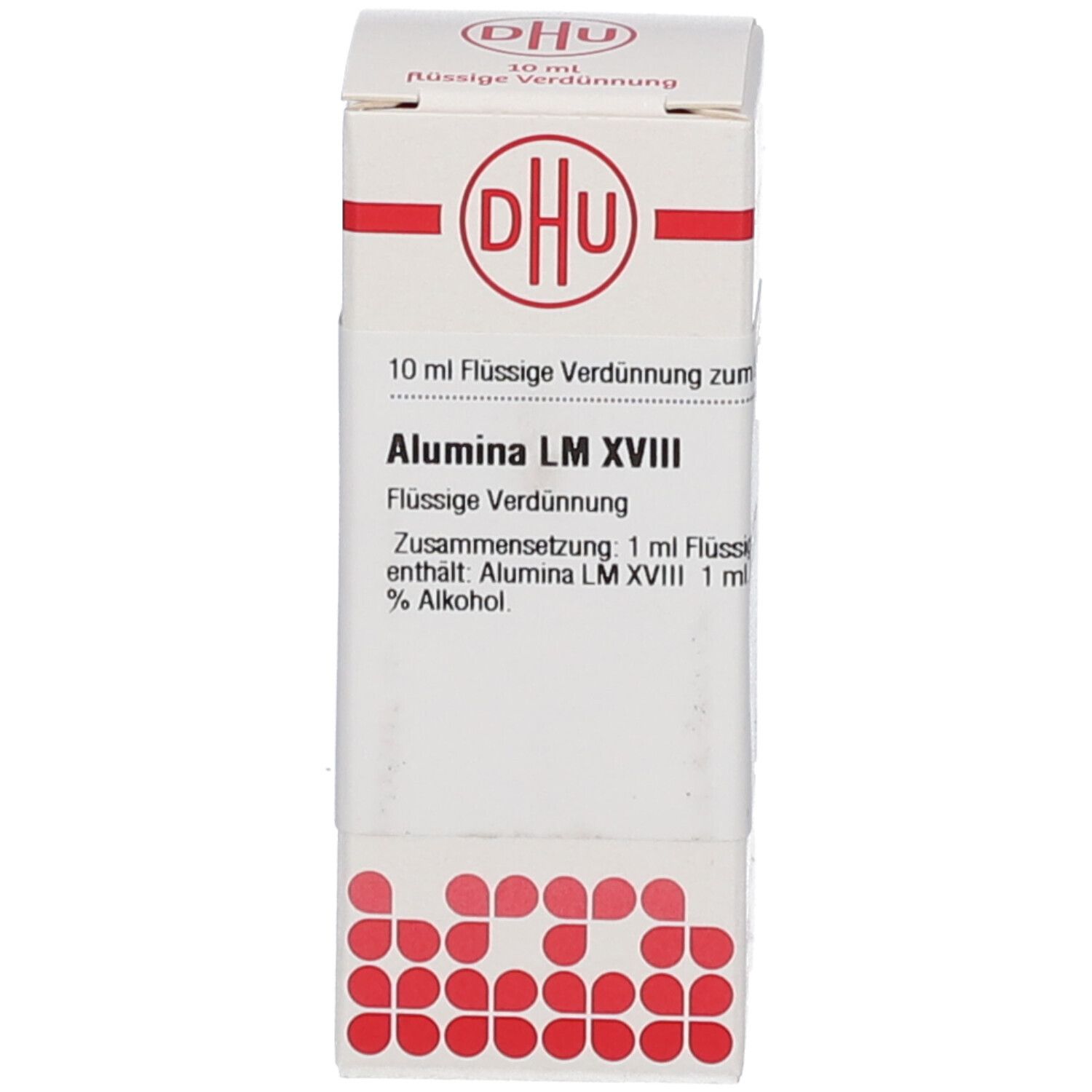 Karton mit Beschriftung: DHU, Alumina LM XVIII, 10 ml Flüssige Verdünnung. Produkt und Verpackung.