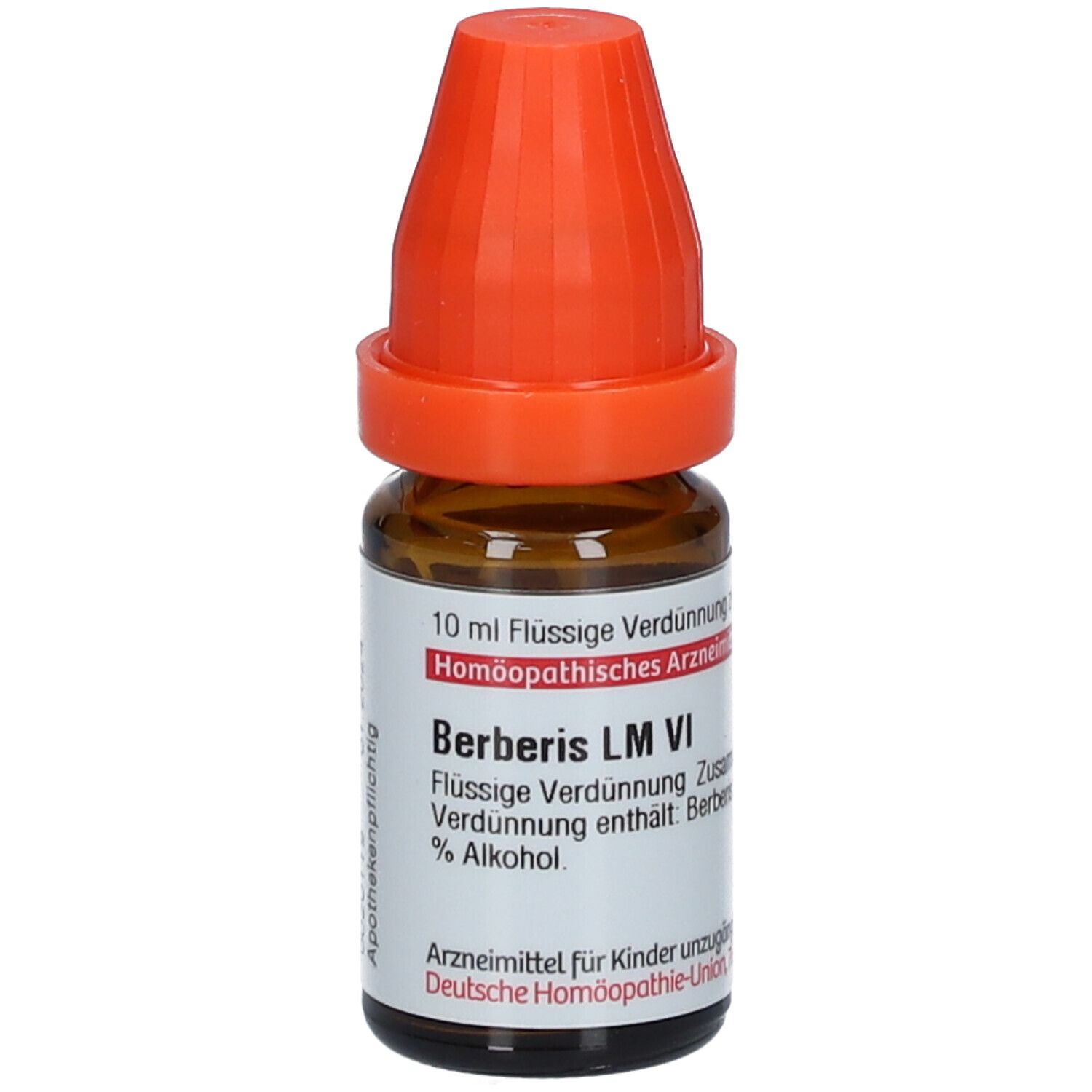 Braune Glasflasche mit orangefarbenem Verschluss. Beschriftung: Berberis LM VI, 10 ml Flüssige Verdünnung.