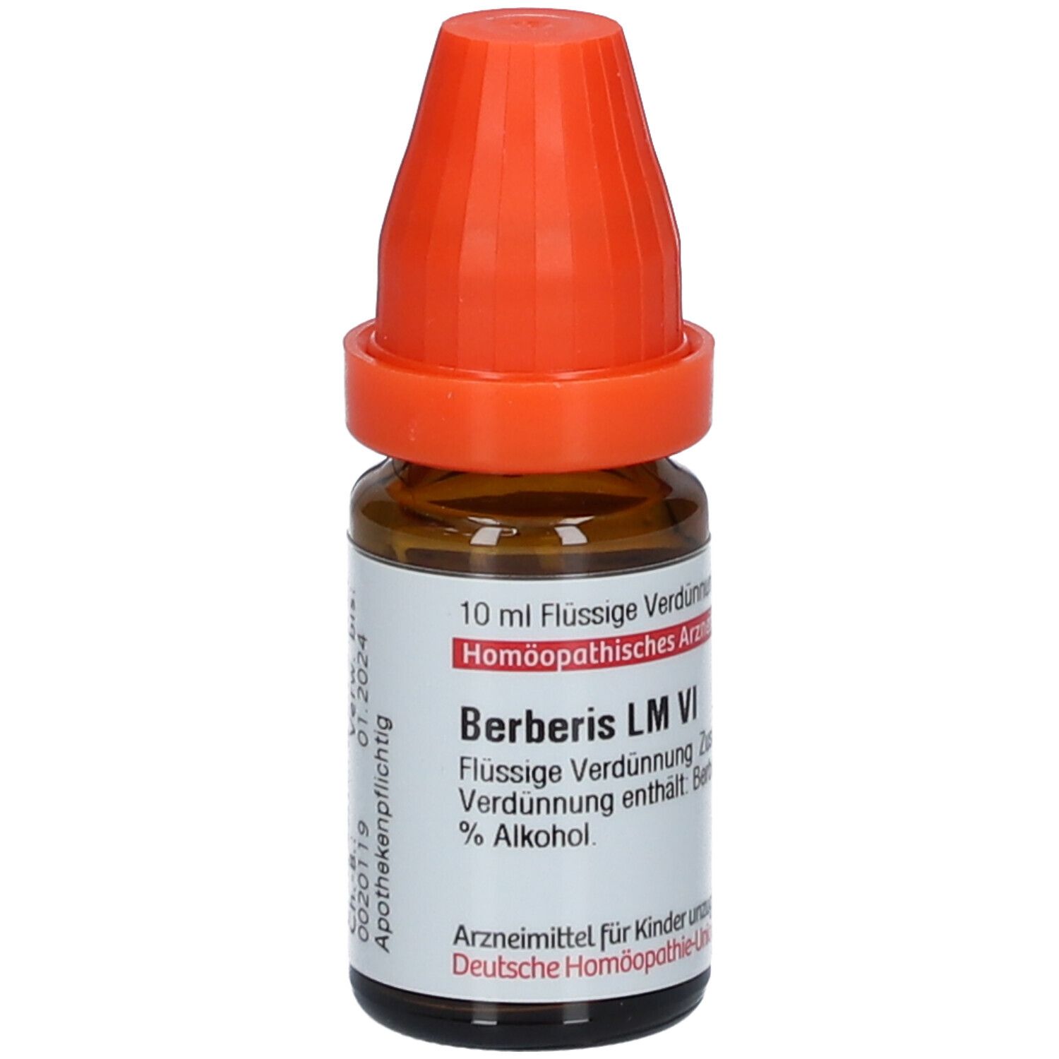 Braune Glasflasche mit orangefarbenem Verschluss. Beschriftung: Berberis LM VI, 10 ml Flüssige Verdünnung.
