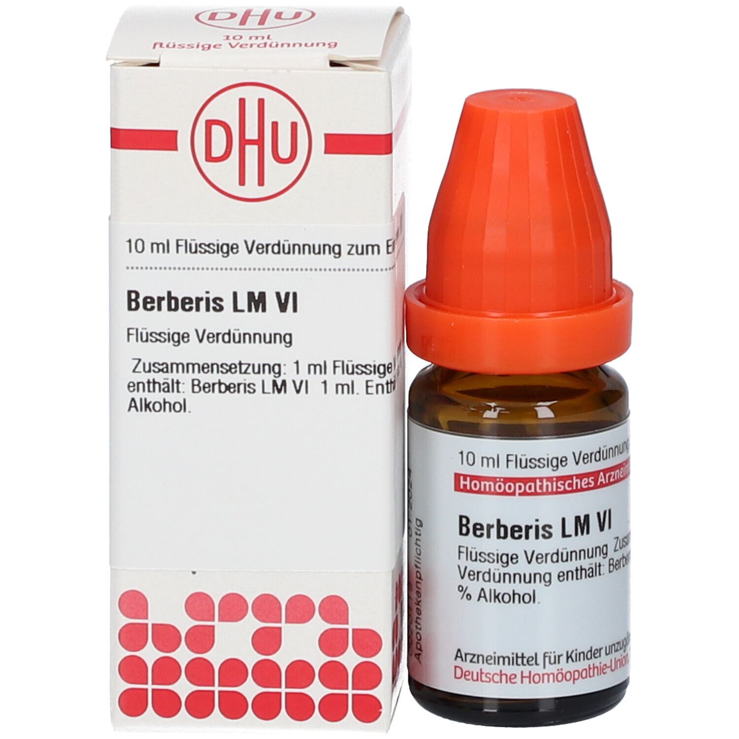 Produktflasche und Verpackung. Flasche: braun, orangefarbener Verschluss. Verpackung: weiß, DHU Logo.