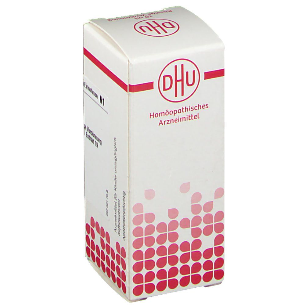 Weiße Schachtel mit roter Schrift und DHU-Logo. Beschriftung: Homöopathisches Arzneimittel.