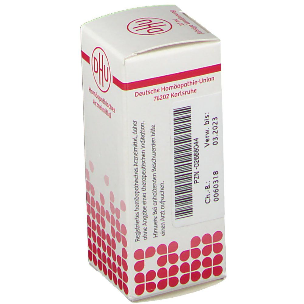Weiße Schachtel mit roter Schrift und DHU-Logo. Beschriftung: Deutsche Homöopathie-Union Karlsruhe.