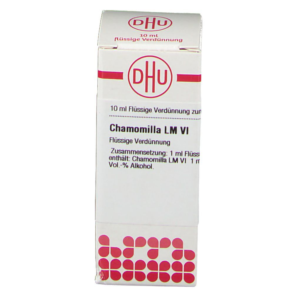 Weiße Schachtel mit roter Schrift und DHU-Logo. Beschriftung: Chamomilla LM VI, 10 ml flüssige Verdünnung.
