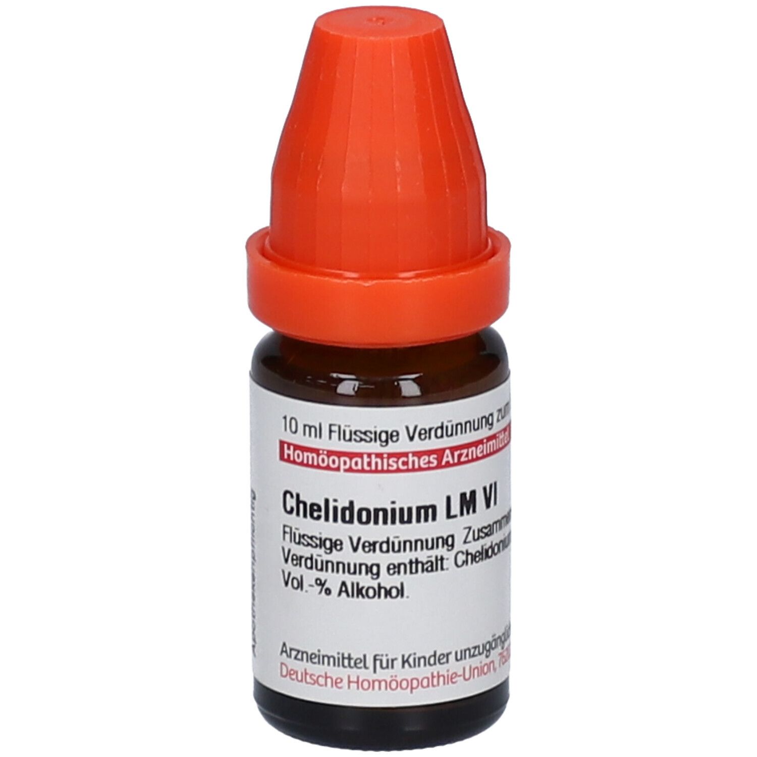Braune Glasflasche mit orangefarbenem Verschluss. Etikett mit Produktinformationen: Chelidonium LM VI, 10 ml.