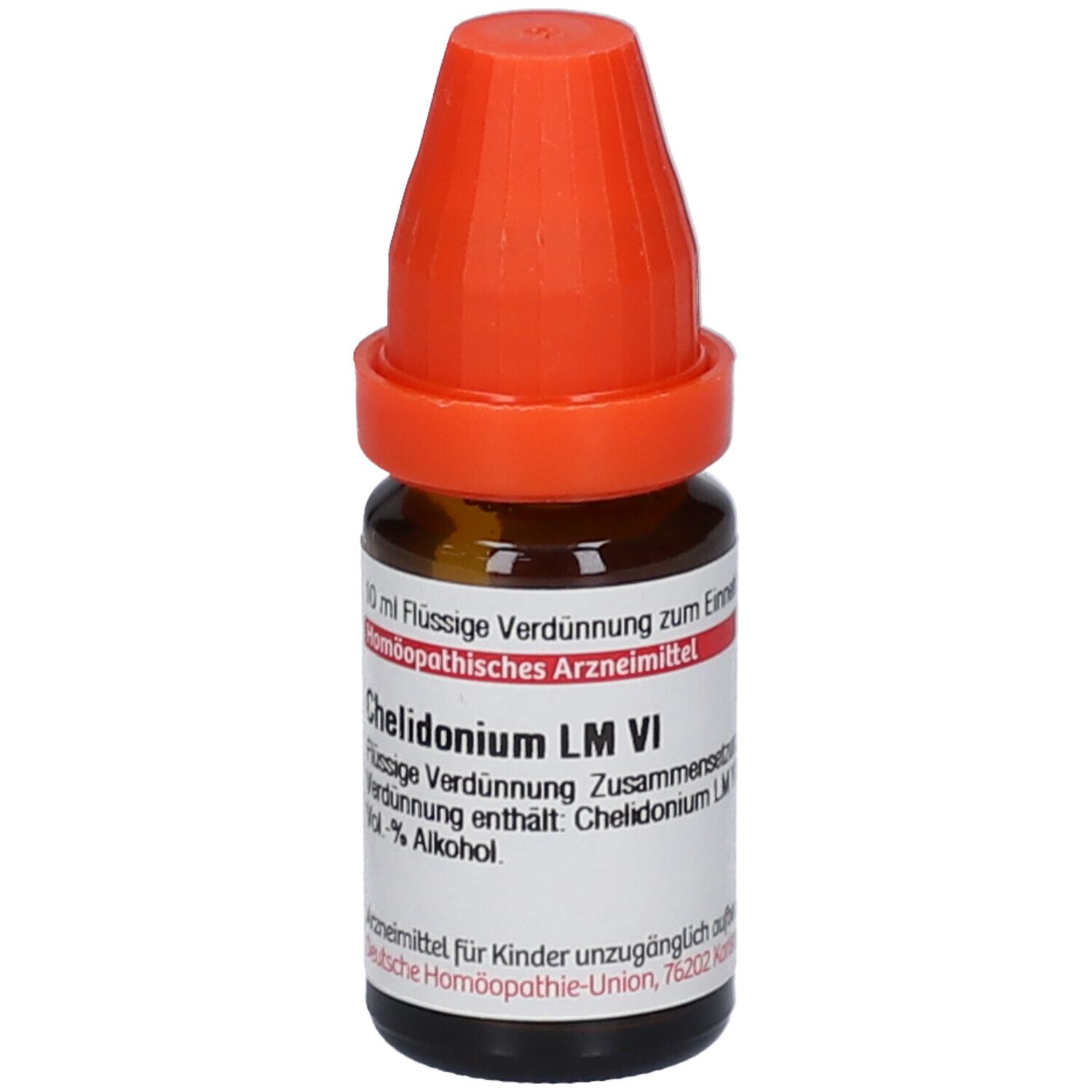 Braune Glasflasche mit orangefarbenem Verschluss. Etikett mit Produktinformationen: Chelidonium LM VI, 10 ml.