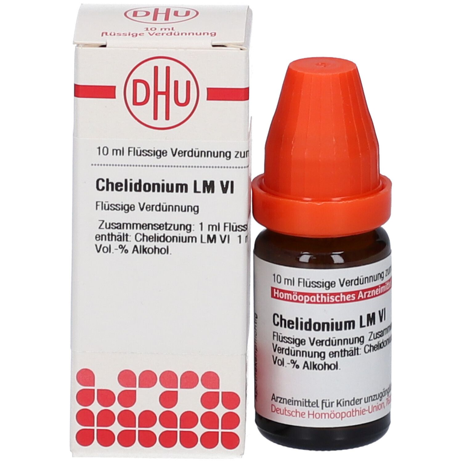 Braune Glasflasche mit orangefarbenem Verschluss und Karton. Karton mit Produktinformationen: DHU, Chelidonium LM VI, 10 ml.