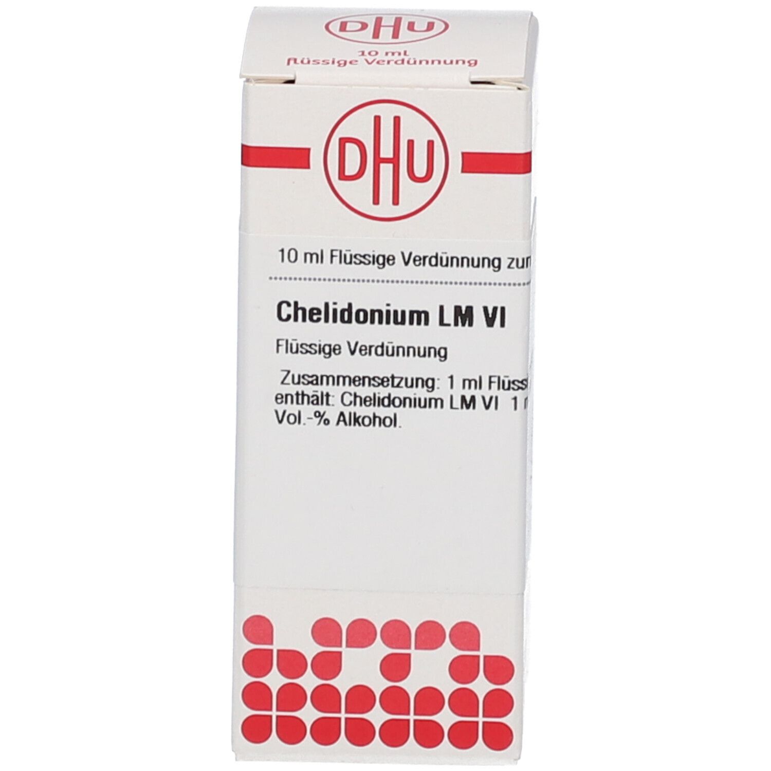Weiße Produktverpackung mit rotem Logo. Aufschrift: DHU, Chelidonium LM VI, 10 ml.