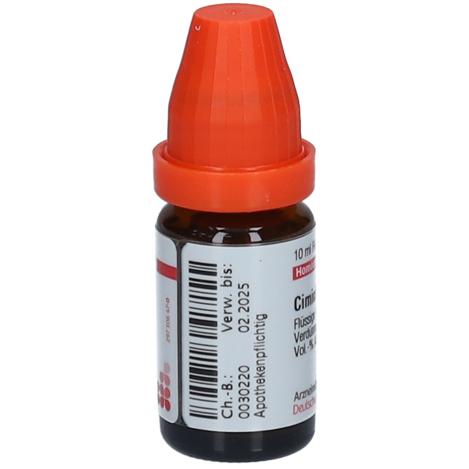 Braune Glasflasche mit orangefarbenem Verschluss. Etikett mit Chargennummer und Verfallsdatum. Homöopathisches Arzneimittel.