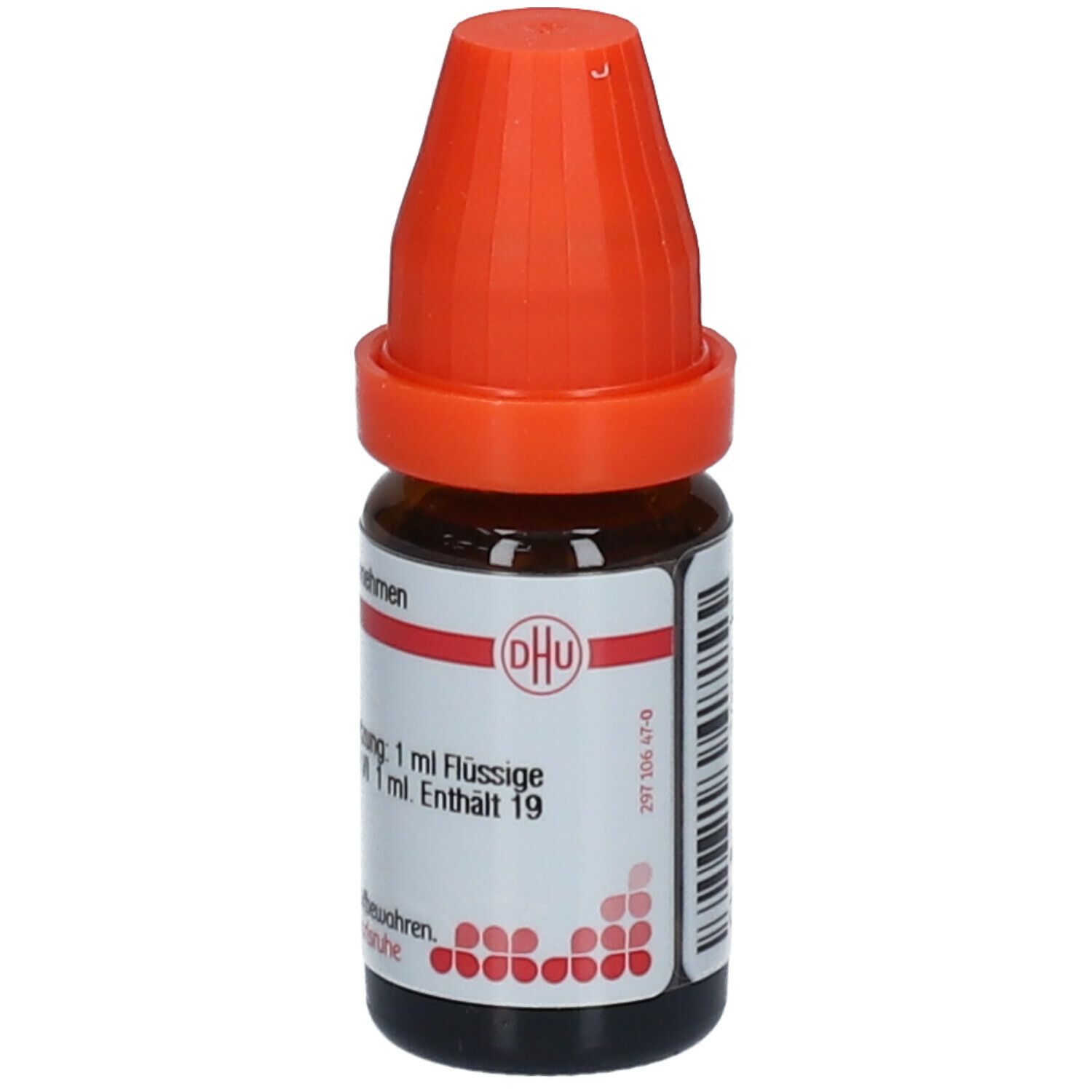 Braune Glasflasche mit orangefarbenem Verschluss. Etikett mit Produktinformationen und DHU-Logo. Homöopathisches Arzneimittel.