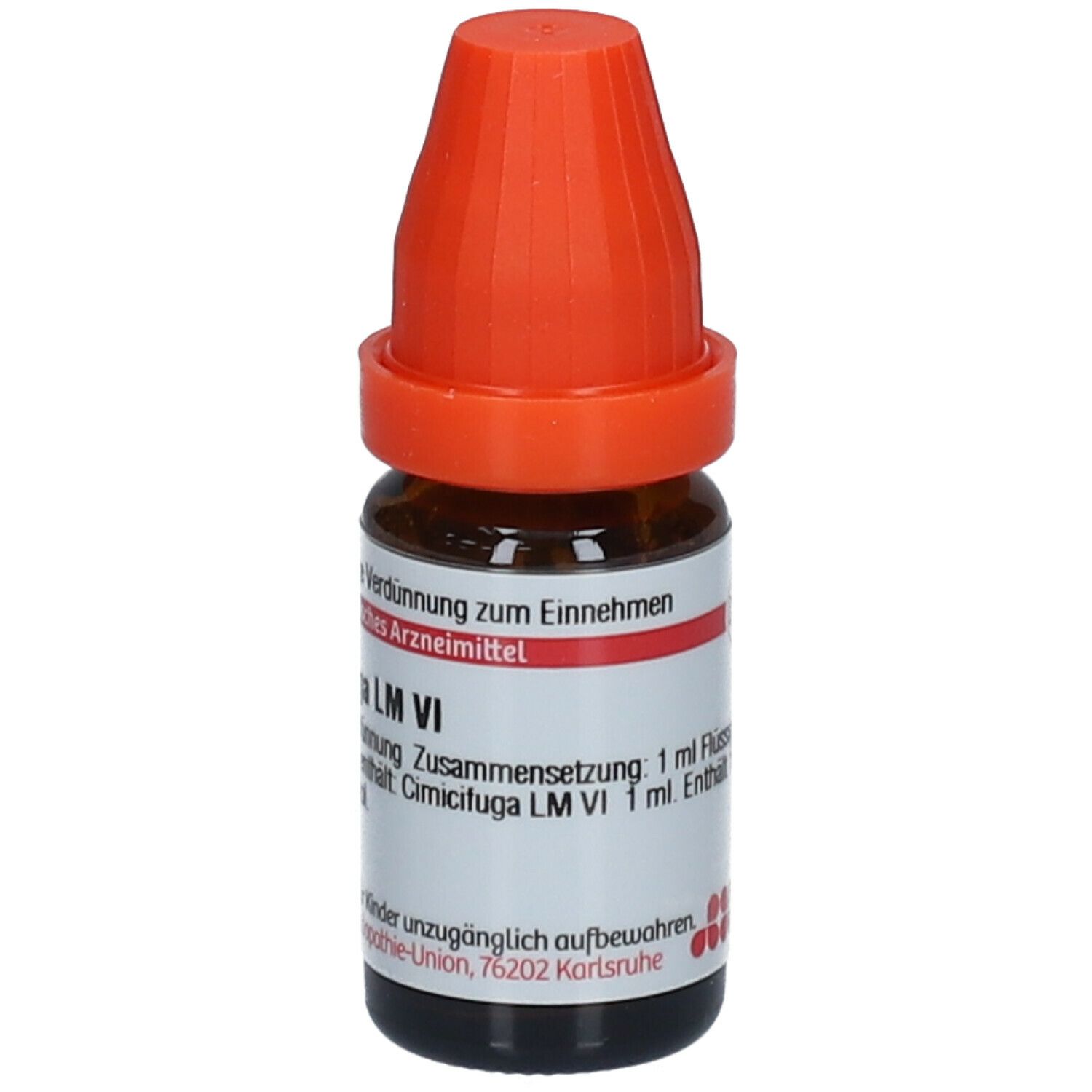 Braune Glasflasche mit orangefarbenem Verschluss. Etikett mit Produktinformationen. Homöopathisches Arzneimittel.