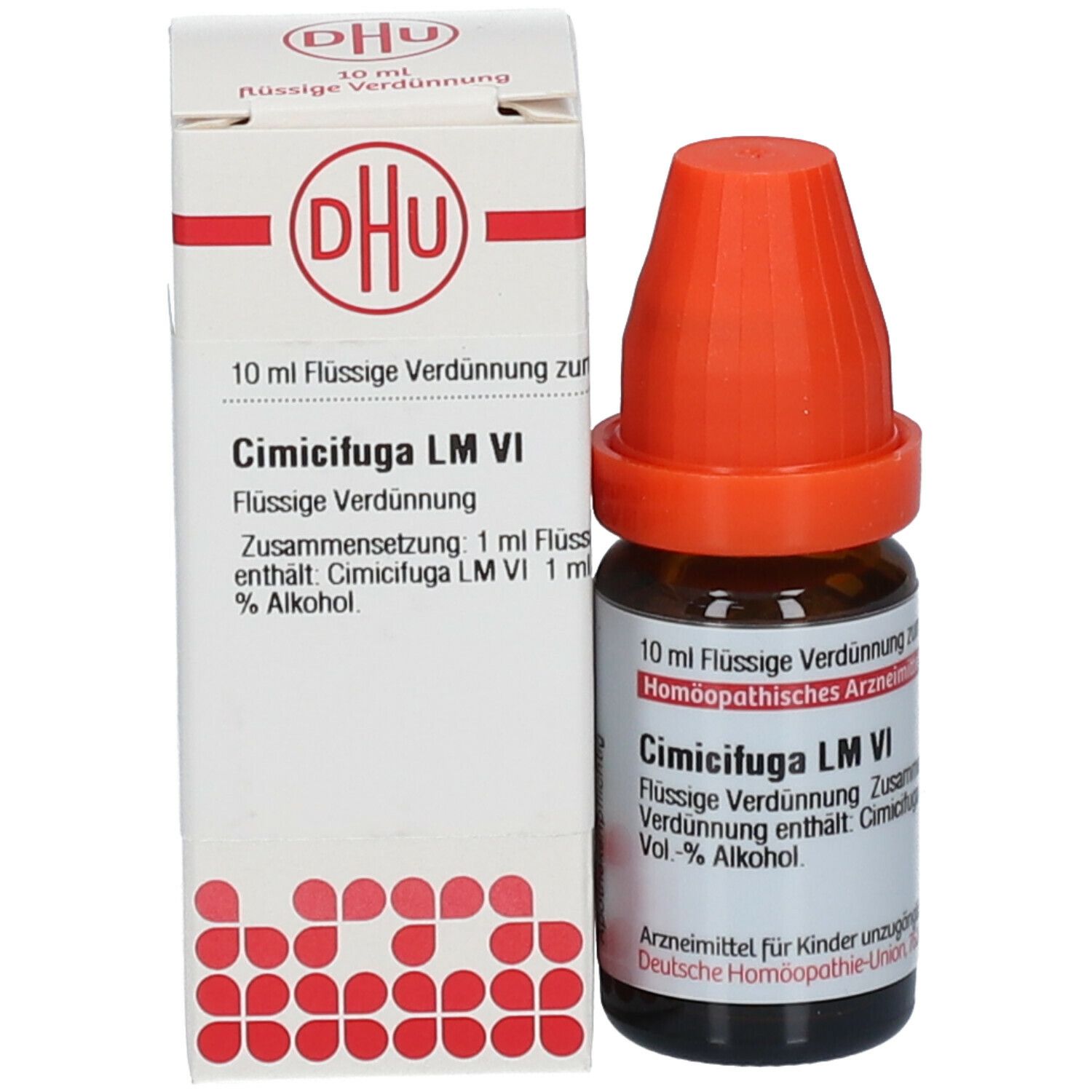 Braune Glasflasche mit orangefarbenem Verschluss und Verpackung. DHU-Logo und Produktinformationen. Homöopathisches Arzneimittel.