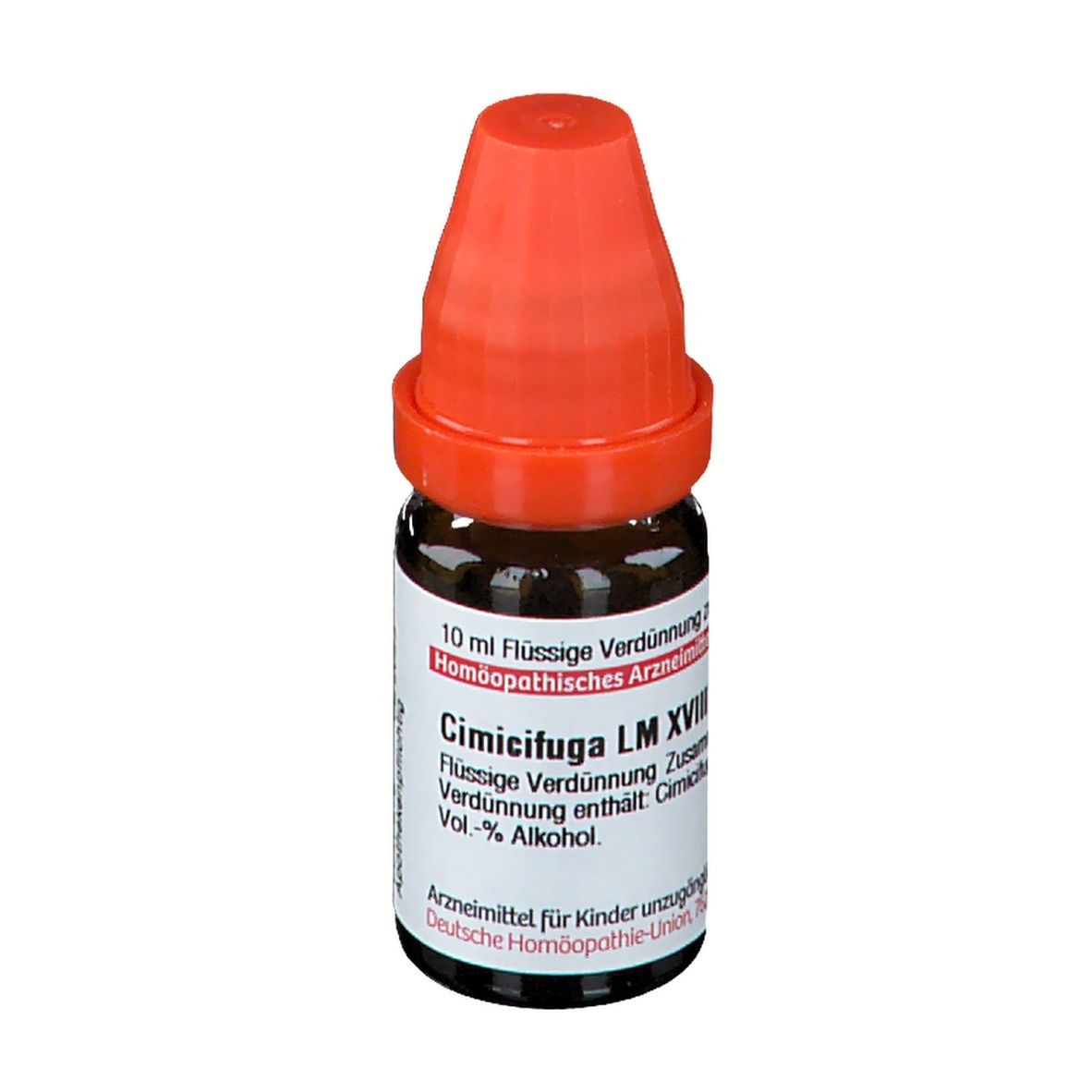 Braune Glasflasche mit orangefarbenem Verschluss. Etikett mit Text: Cimicifuga LM XVIII, 10 ml Flüssige Verdünnung.