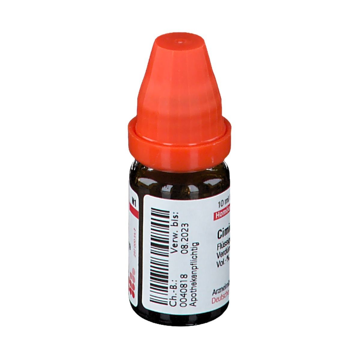 Braune Glasflasche mit orangefarbenem Verschluss. Etikett mit Text: Cimicifuga LM XVIII, 10 ml Flüssige Verdünnung. Apothekenpflichtig.