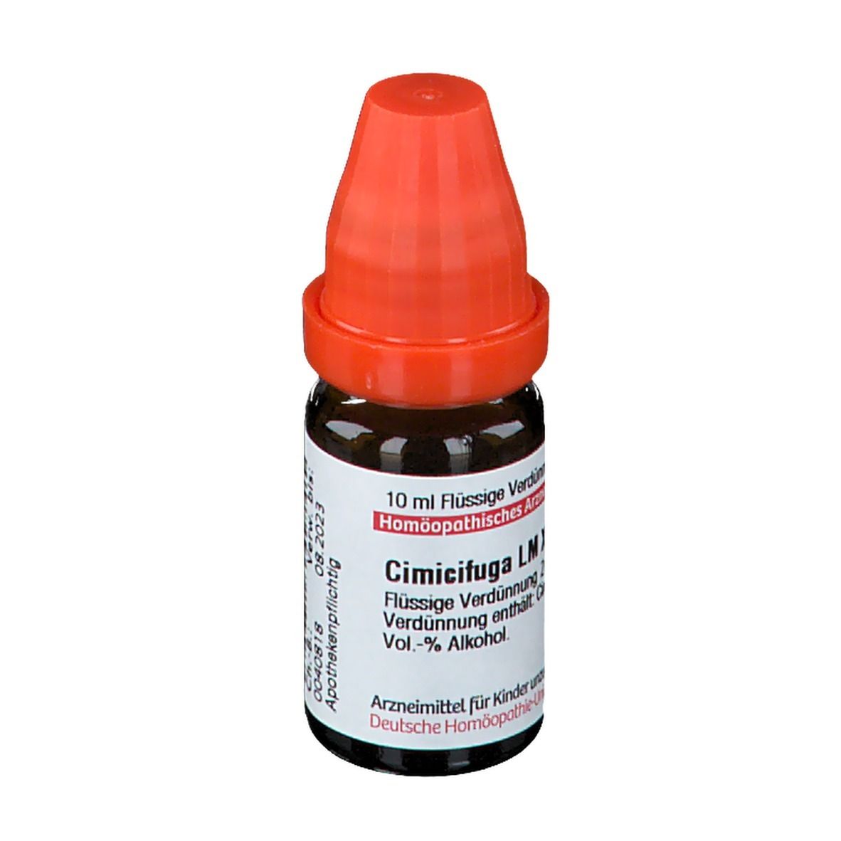 Braune Glasflasche mit orangefarbenem Verschluss. Etikett mit Text: Cimicifuga LM XVIII, 10 ml Flüssige Verdünnung. Apothekenpflichtig.
