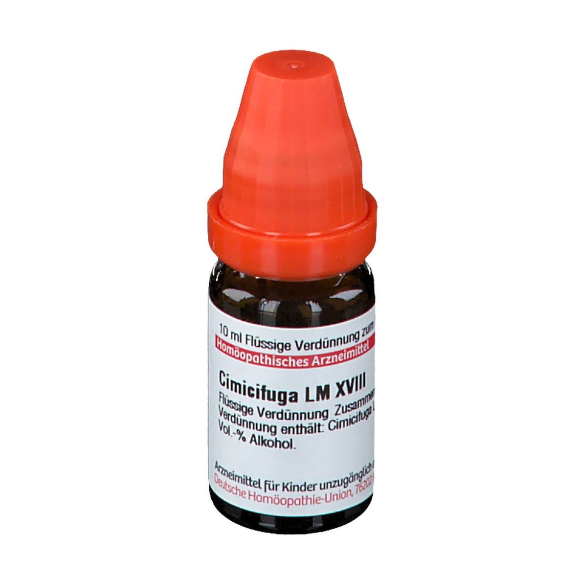 Braune Glasflasche mit orangefarbenem Verschluss. Etikett mit Text: Cimicifuga LM XVIII, 10 ml Flüssige Verdünnung. Apothekenpflichtig.