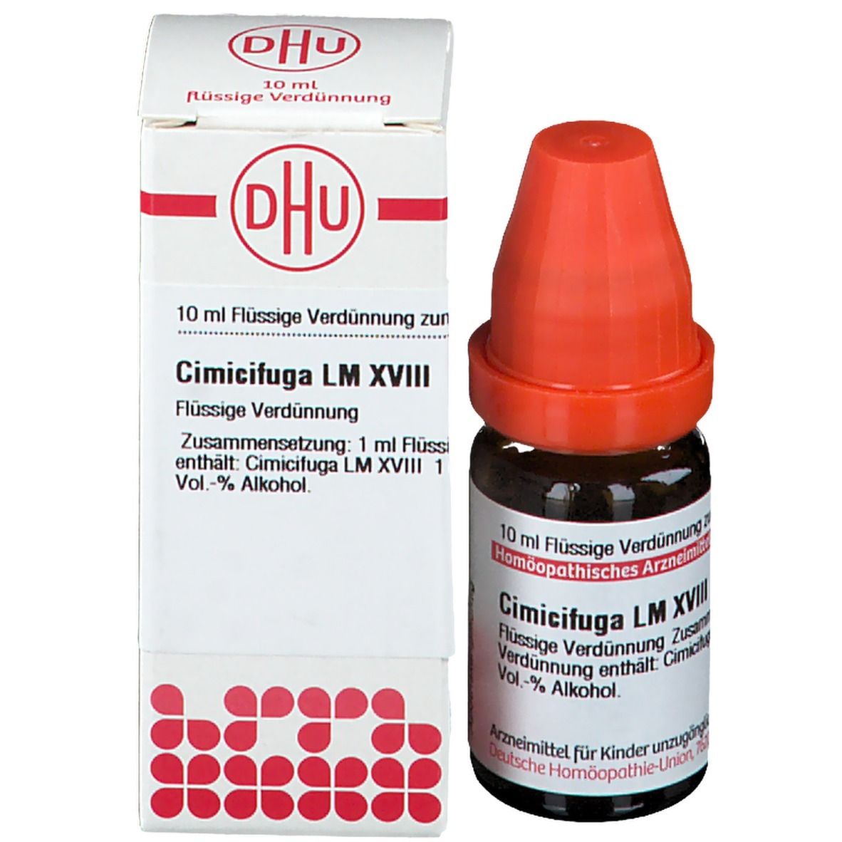 Braune Glasflasche mit orangefarbenem Verschluss und weiße Schachtel. Auf der Schachtel steht: DHU, Cimicifuga LM XVIII, 10 ml.