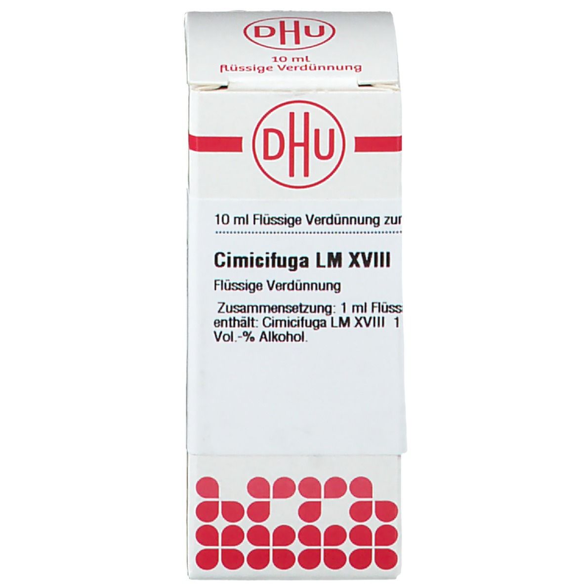 Weiße Schachtel mit rotem Logo und Text: DHU, Cimicifuga LM XVIII, 10 ml Flüssige Verdünnung. Rote Punkte.