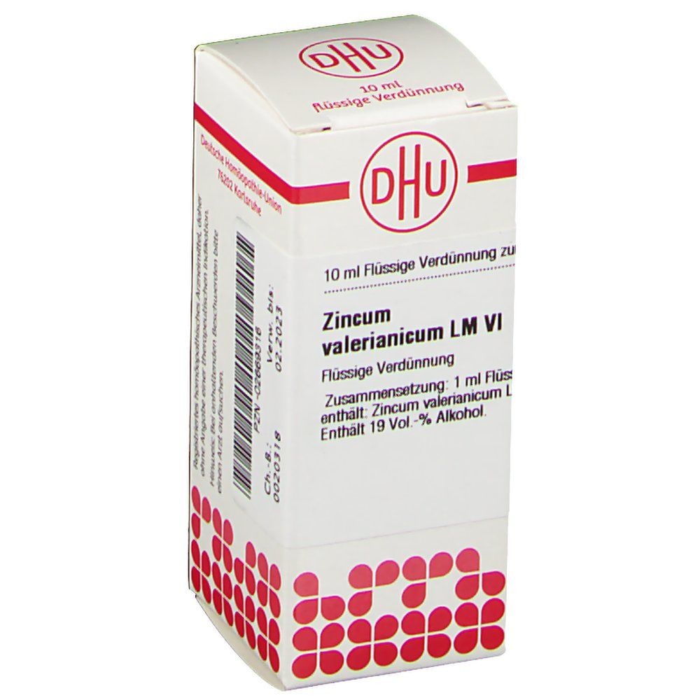 DHU-Verpackung mit rotem Muster. Beschriftung: 10 ml flüssige Verdünnung zu Zincum valerianicum LM VI. Enthält 19 Vol.-% Alkohol.