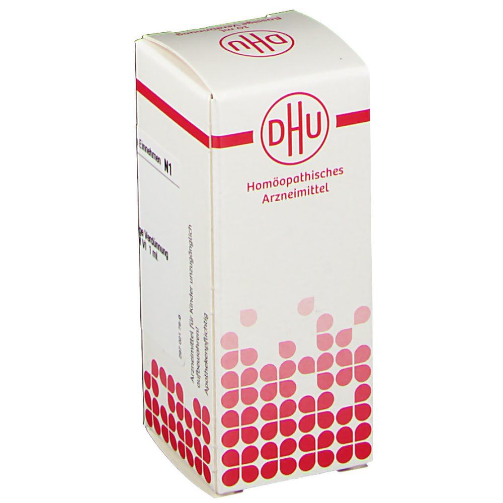 Weiße DHU-Verpackung mit rotem Muster. Beschriftung: Homöopathisches Arzneimittel. Apothekenpflichtig.