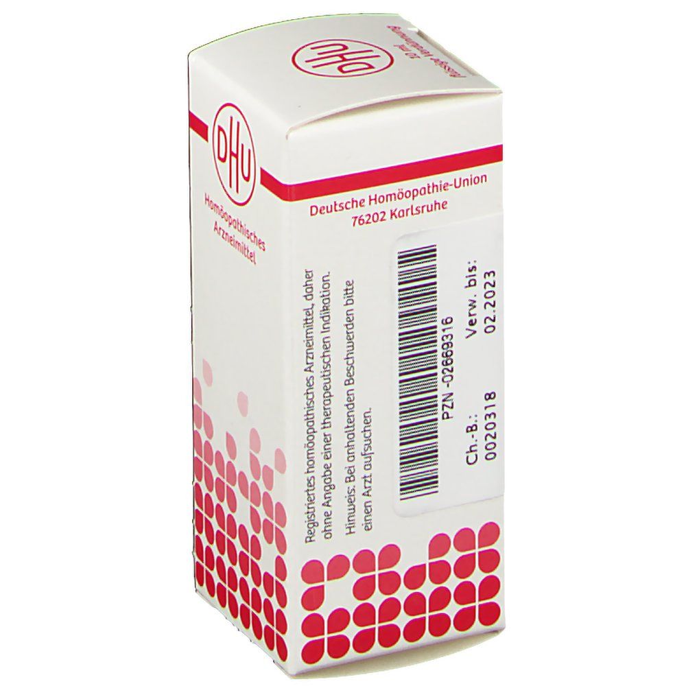 Weiße DHU-Verpackung mit rotem Muster. Rückseite mit Barcode und Herstellerinformationen: Deutsche Homöopathie-Union.