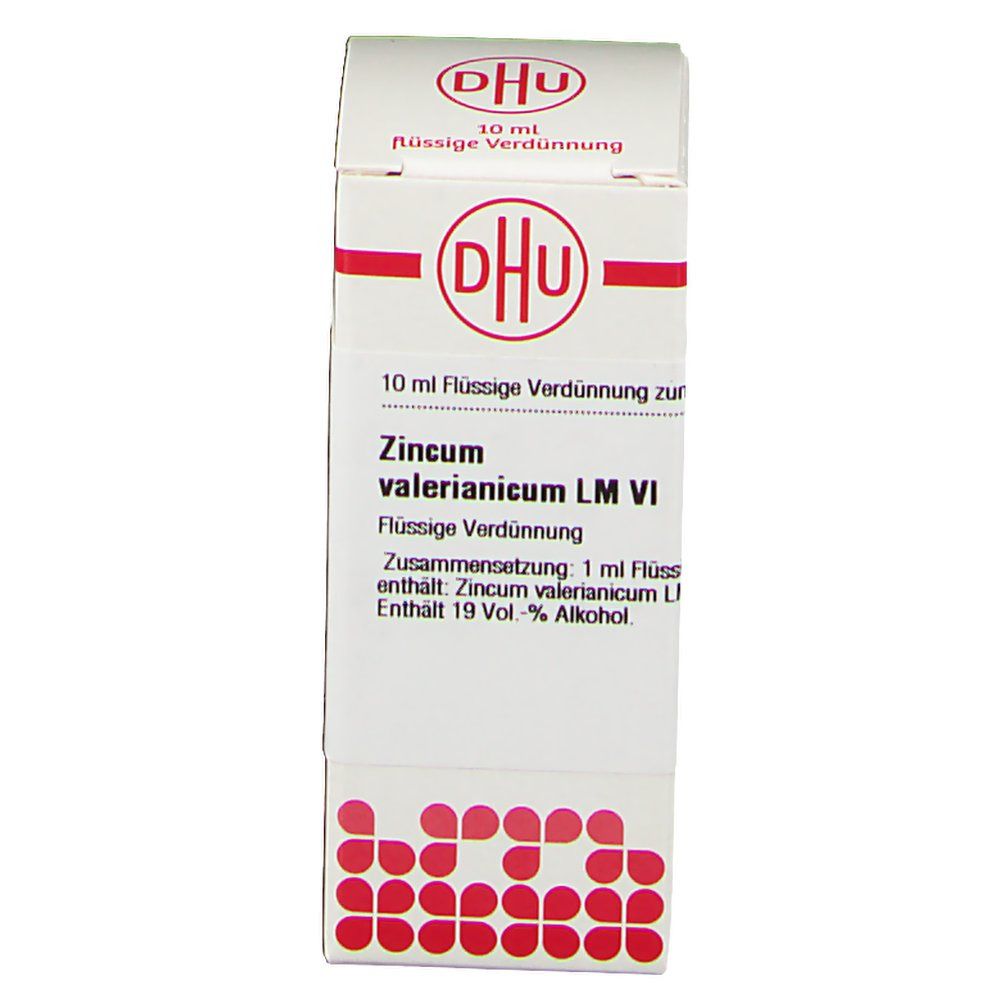 DHU-Verpackung, Ansicht von vorne. Beschriftung: 10 ml flüssige Verdünnung zu Zincum valerianicum LM VI. Enthält 19 Vol.-% Alkohol.