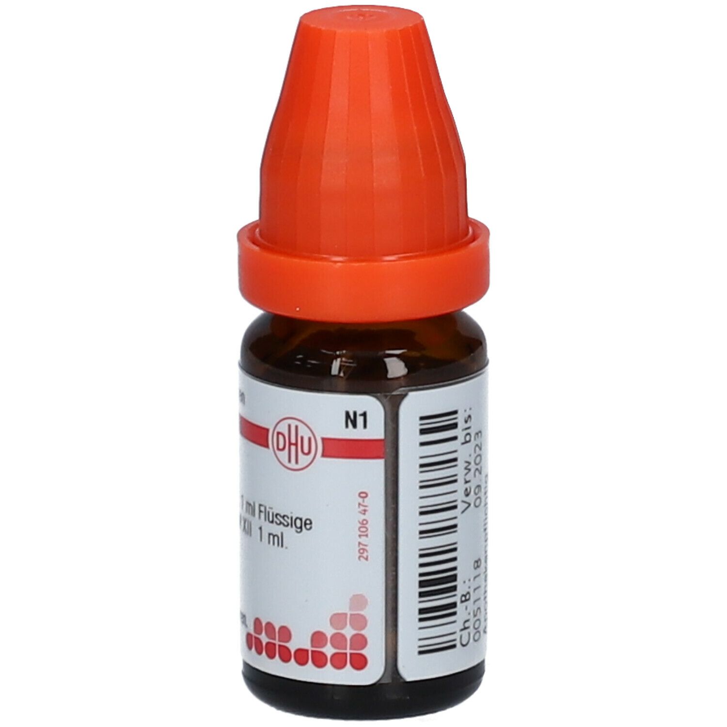 Braune Glasflasche mit rotem Verschluss. Beschriftung: DHU, N1, 10 ml Flüssige Verdünnung. Barcode.