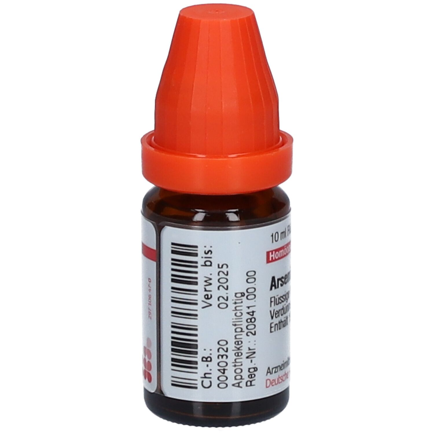 Braune Glasflasche mit orangefarbenem Verschluss. Etikett mit Informationen und Barcode. Aufschrift: Arsenicum album LM XXIV.